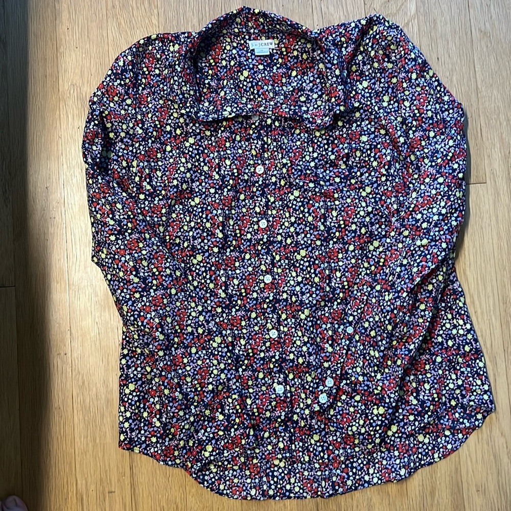 J. Crew Women’s Floral Button-Up Shirt - Navy with Red & Yellow Accents